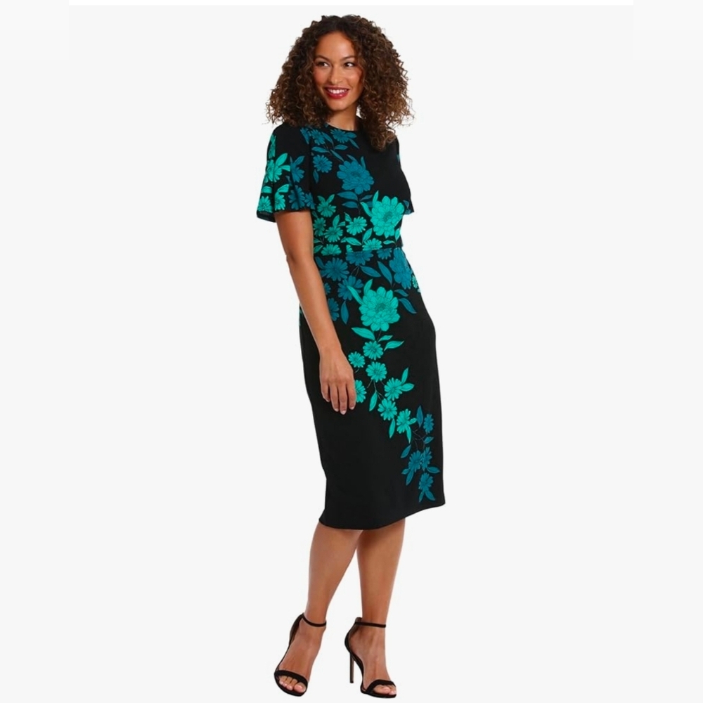 London Times Black Midi Dress with Teal Floral Print - Size 16